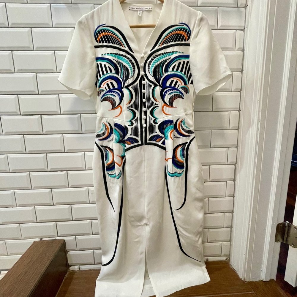 & Other Stories Embroidered White Black Midi Dress Short Sleeve Front Slit 4